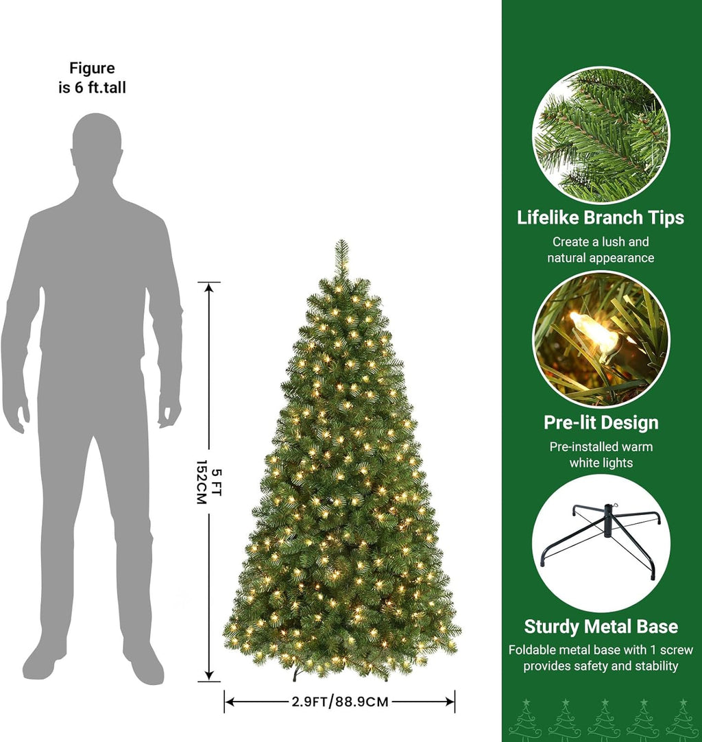 Prelit Premium Artificial Hinged Christmas Tree with Pre-lit Warm White Lights