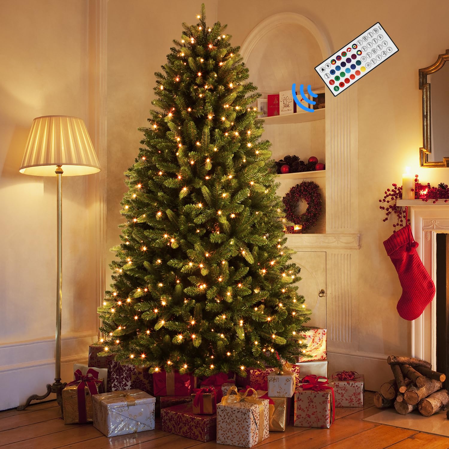 7.5ft Prelit Warm White & Colored Changing Lights Premium Artificial Hinged Full Christmas Tree with Remote Control