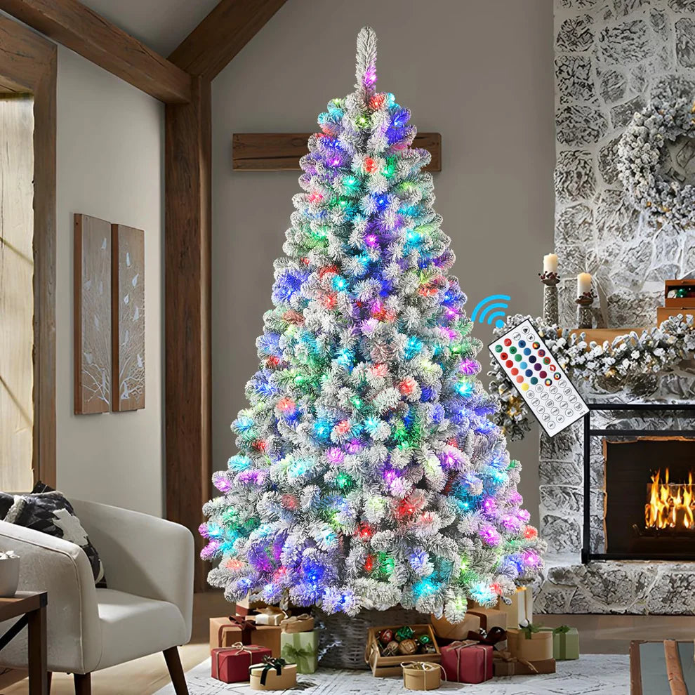 Alpine Winter - 7.5ft Preli Multi-Color RGB Lightst Snow Flocked Artificial Christmas Tree with Remote