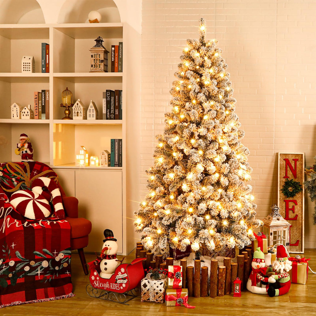 7ft Prelit Warm White Lights Snow Flocked Artificial Holiday Christmas Tree