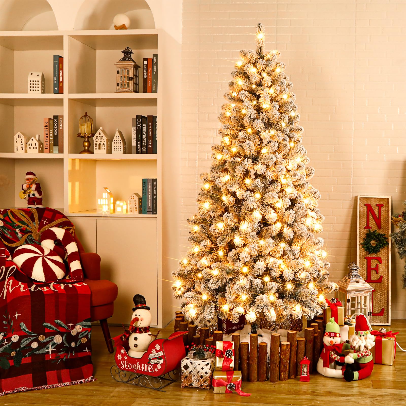 7ft Prelit Warm White Lights Snow Flocked Artificial Holiday Christmas Tree