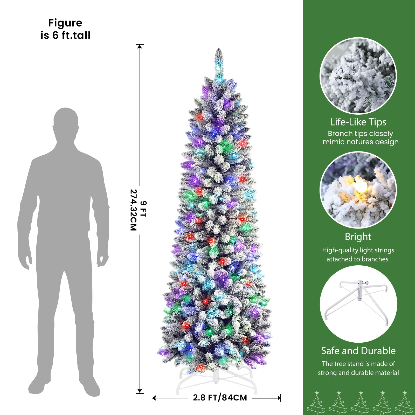 9ft Prelit Multi-Color RGB Lights Snow Flocked Artificial Hinged Slim Pencil Christmas Tree with Remote Control