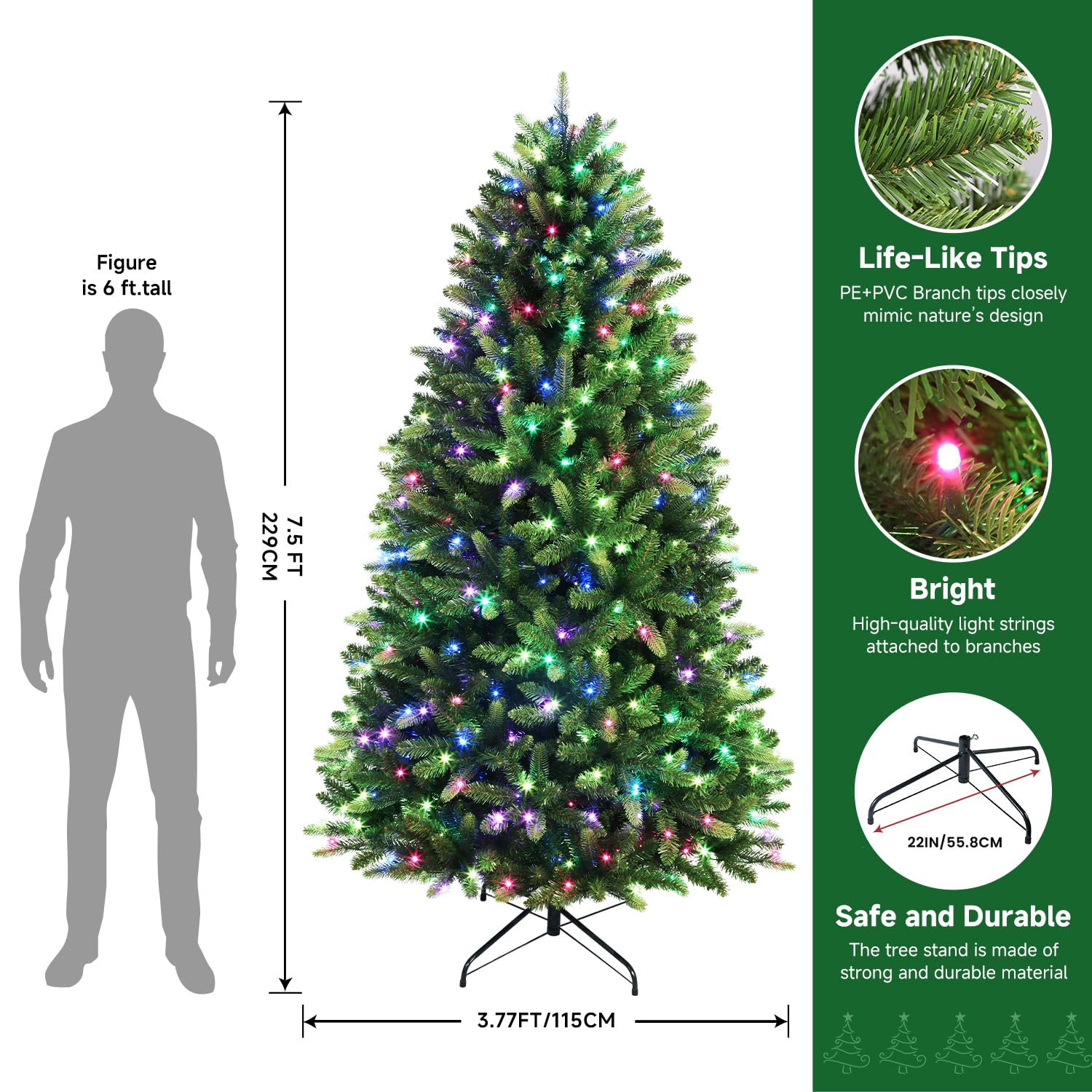 7.5ft Prelit Warm White & Colored Changing Lights Premium Artificial Hinged Full Christmas Tree with Remote Control