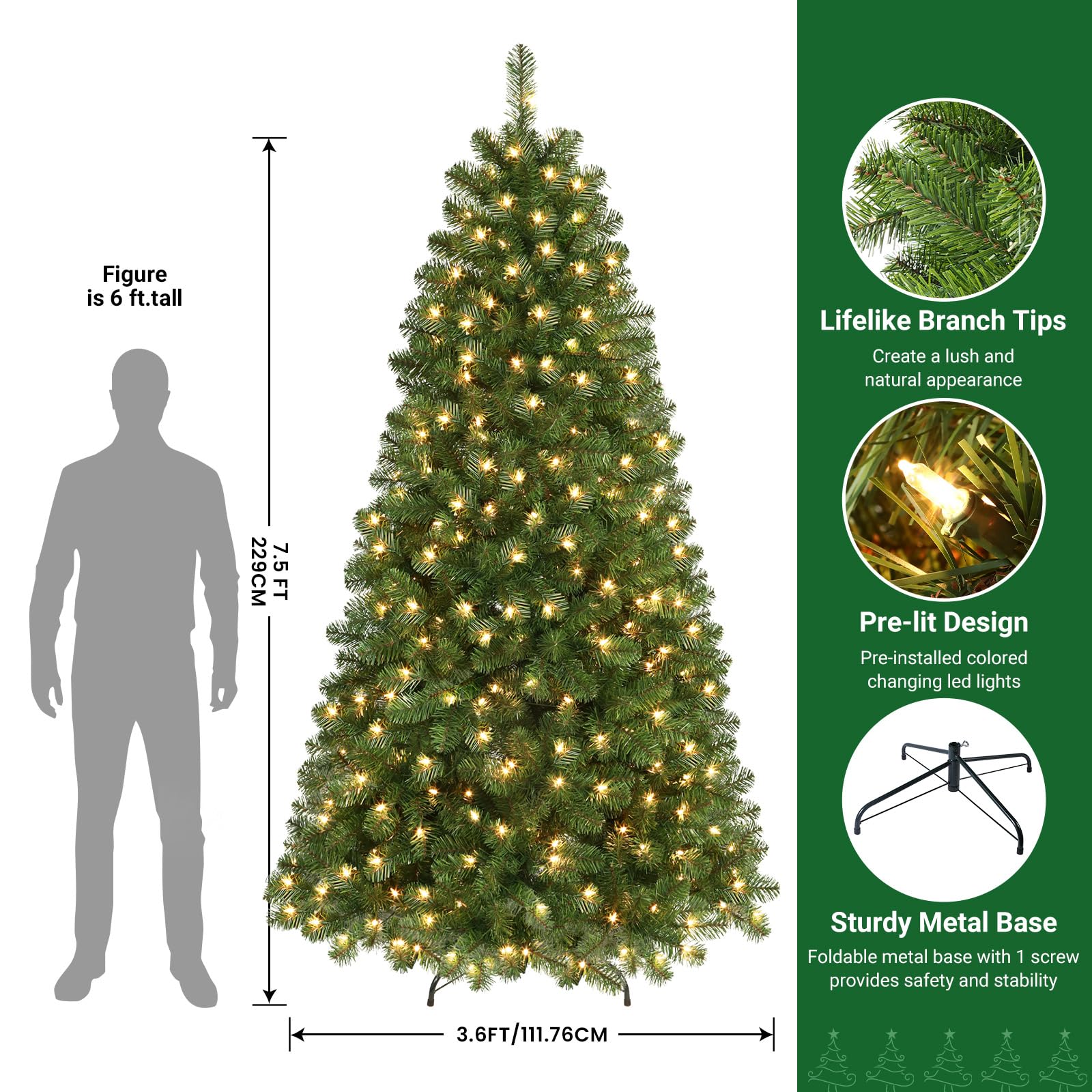 Prelit Premium Artificial Hinged Christmas Tree with Pre-lit Warm White Lights