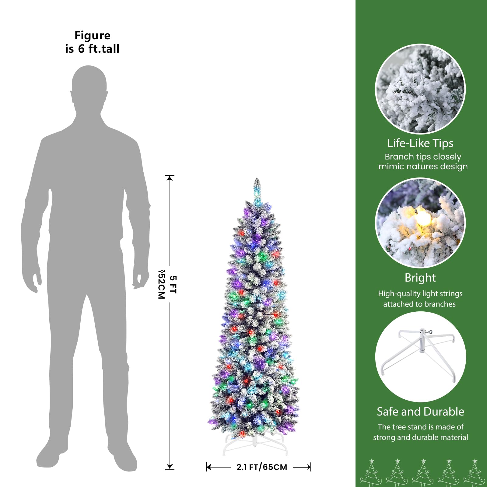 5ft Prelit Multi-Color RGB Lights Snow Flocked Artificial Hinged Slim Pencil Christmas Tree with Remote Control