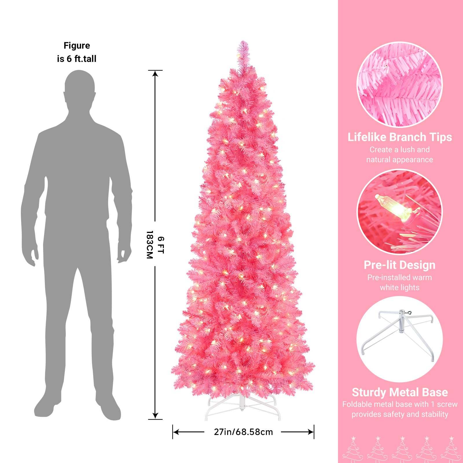 6ft Prelit Warm White Lights Artificial Hinged Slim Pencil Christmas Tree