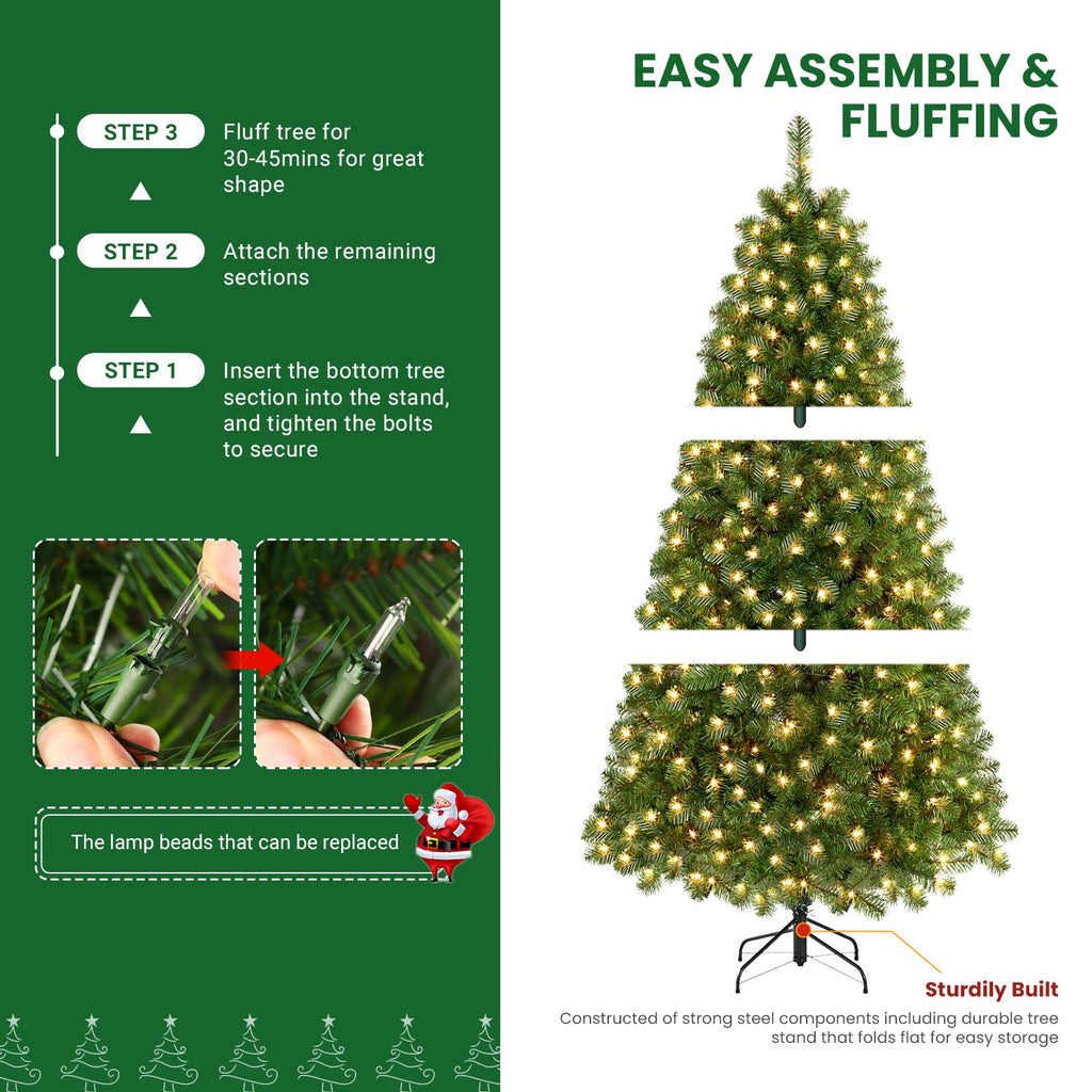 Prelit Premium Artificial Hinged Christmas Tree with Pre-lit Warm White Lights