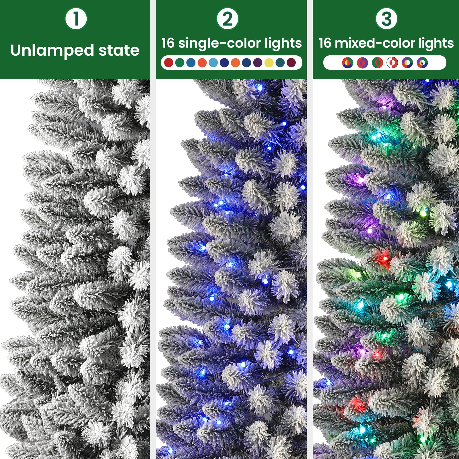 6ft Prelit Multi-Color RGB Lights Snow Flocked Artificial Hinged Slim Pencil Christmas Tree with Remote