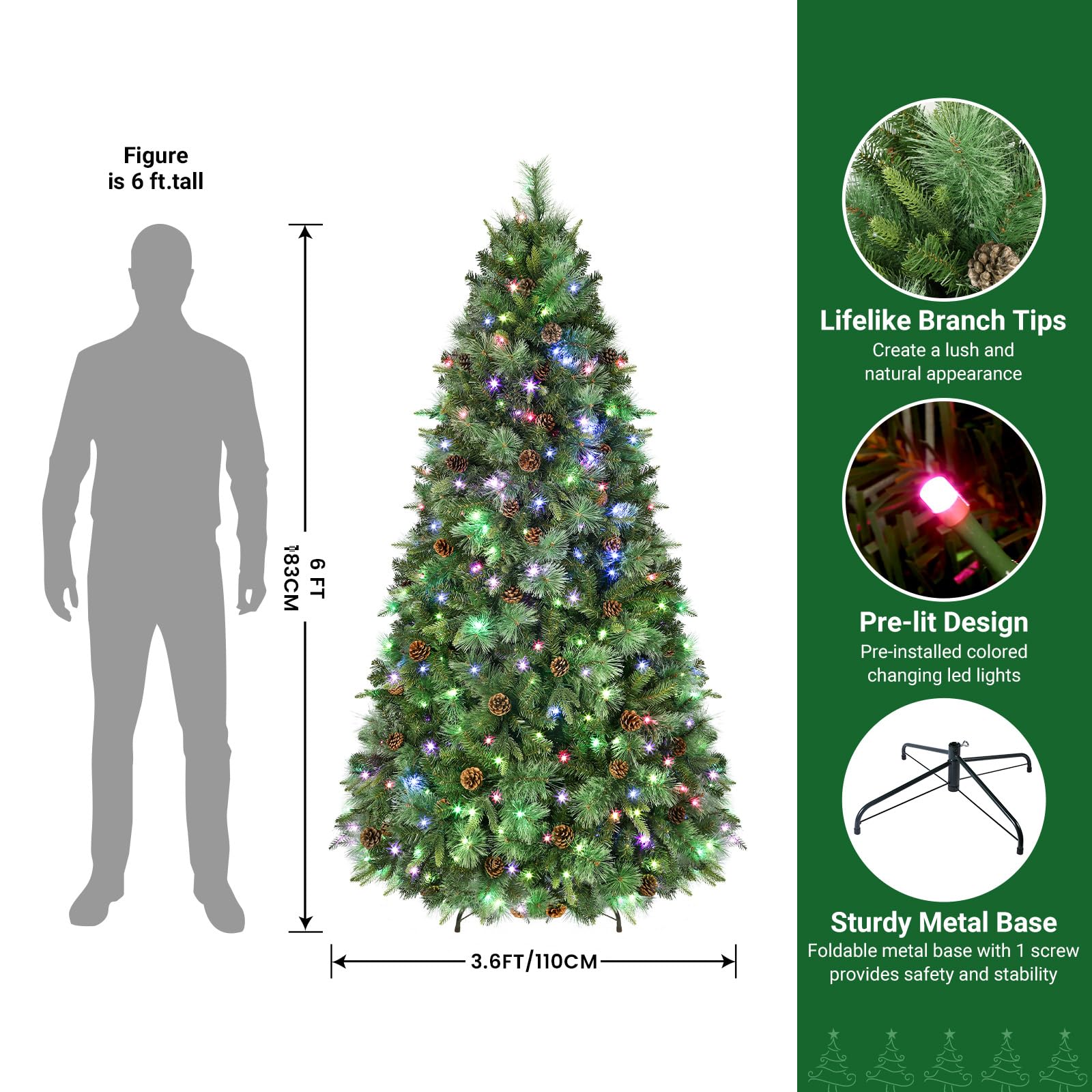 6ft Prelit Led Color Changing RGB Lights Pine Cones Artificial Christmas Pine Tree with Remote Control