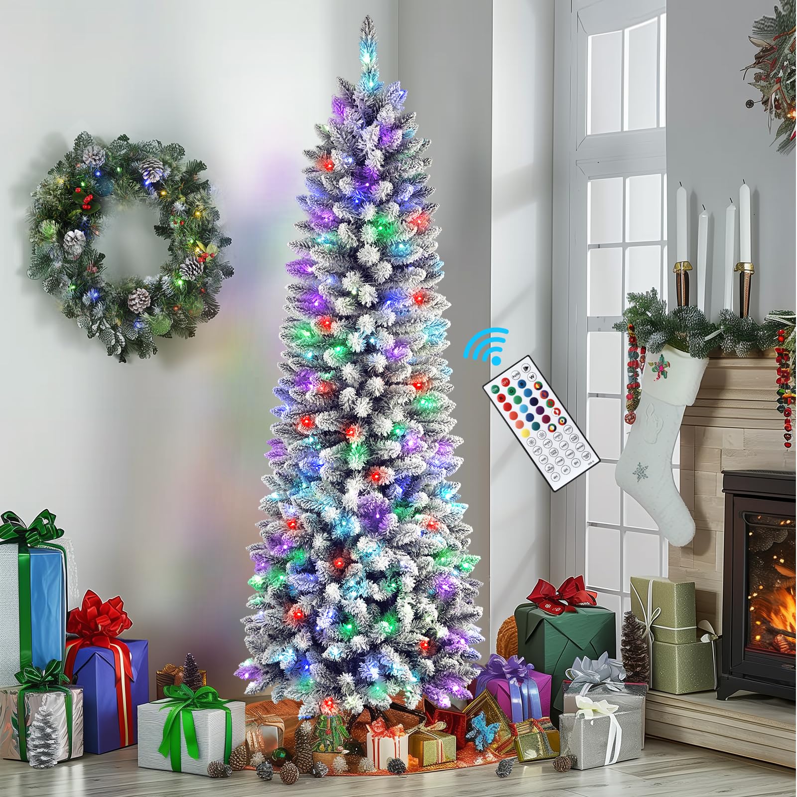 9ft Prelit Multi-Color RGB Lights Snow Flocked Artificial Hinged Slim Pencil Christmas Tree with Remote Control